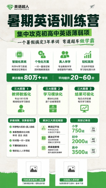 复刻参考图版式骨架，保持绿色简约质感背景和信息卡片分区设计，生成暑期英语训练营招生海报，整体专业可信，信息分区清晰，版式精美，适合线下推广，文字全部清晰可读。主标题"暑期英语训练营"字号最大，副标题"预览效果