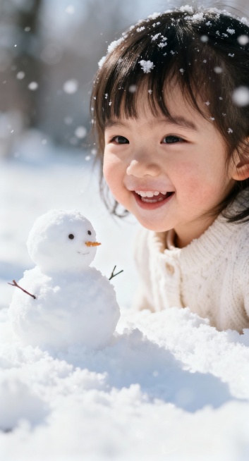 3岁可爱的小女孩很开心的站在雪地上，小女孩的旁边有一个堆起来的小雪人。画面大小为1208x2240px预览效果