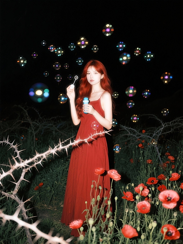 夜晚的荆棘草丛，有红色花朵，女生拿着泡泡玩具（红色长裙），环绕无数动态发光的泡泡。全景，看镜头。
