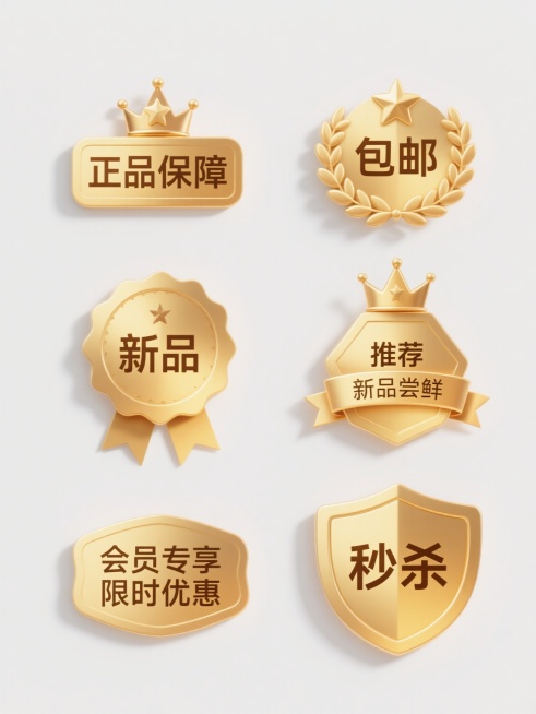 金色系电商促销标签集合，纯白背景，6个不同造型的徽章式设计，统一采用金色渐变立体质感，包含皇冠、五角星、月桂枝等装饰元素，标签文字内容为“正品保障”、“包邮”、“新品”、“推荐 新品尝鲜”、“会员专享 限时优惠”、“秒杀”，每个标签造型独特（矩形带星星、圆形徽章带飘带、波浪边圆形、圆形带皇冠、六边形带飘带、盾牌形），整体排列规整，光影效果统一，具有高端金属质感和清晰的信息层级。预览效果
