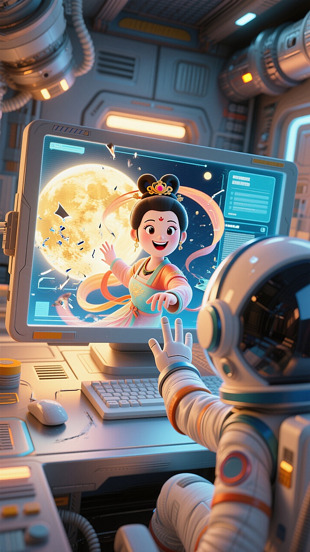 嫦娥面带笑容，从电脑屏幕中完全探出身子（虚拟变为实体，网络与现实的碰撞），摔出屏幕外，她的手与作为宇航员的手指触碰，屏幕外宇航员的POV视角，空间站背景，暖调配色，温馨的中秋氛围，动态感，大透视
