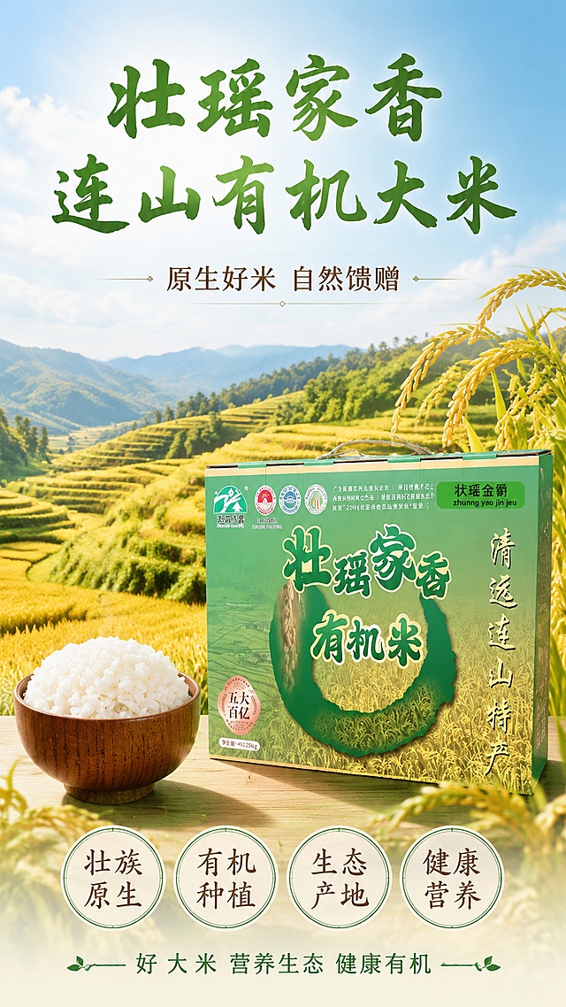 使用商品详情页技能根据商品图「图片1」生成详情页，参考图为，商品名称为 “壮瑶家香”品牌连山有机大米，卖点为壮族有机米，适配平台为淘宝/天猫，图片比例为9:16，需求屏数为6张，首屏：吸睛海报式大图 + 核心卖点总览；  产品基本信息（名称、规格、产地、保质期等）；  有机认证/资质展示（可用示意图标）；  产地优势（连山自然环境、有机种植等）；  产品实拍展示（多角度）；  食材对比/品质差异说明；  食用建议/烹饪场景/搭配推荐；  品牌故事或企业信息（“乡意浓”品牌简介）；  售后保障/物流说明；  整体排版节奏张弛有度，图文比例适当，信息层级清晰；  色调与海报、主图保持一致，形成统一视觉识别。