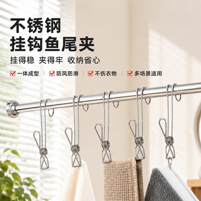 [主图-1] 挂钩款不锈钢鱼尾夹真实阳台晾晒场景首图。氛围风格：明亮干净家居风，实用简约；画质：商业摄影质感，光线柔和通透，产品清晰真实，画面干净高级；元素：不锈钢挂钩鱼尾夹挂在银色晾衣杆上，一共五个预览效果