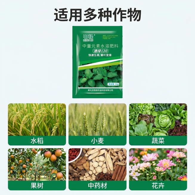 [主图 3]适用作物展示图，展示本产品可适用的各类作物。
[氛围风格]信息清晰直观，专业农资风格
[画质]商业摄影质感、光线柔和通透、产品清晰真实、画面干净高级，超高清。
[元素]产品包装袋放置在上半预览效果