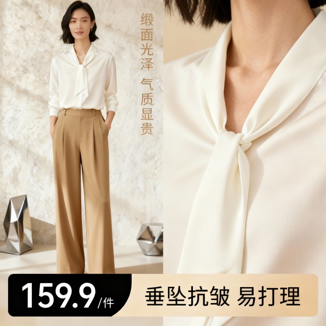 缎面 V 领衬衫电商主图。温润柔光凸显缎面细腻肌理与自然光泽，虚化轻奢肌理墙面 + 银色几何摆件布景（营造低调显贵氛围）。商品卖点有设计感的香槟色掉颜色的竖排文字还带有设计感小标点 “缎面光泽 气质显预览效果