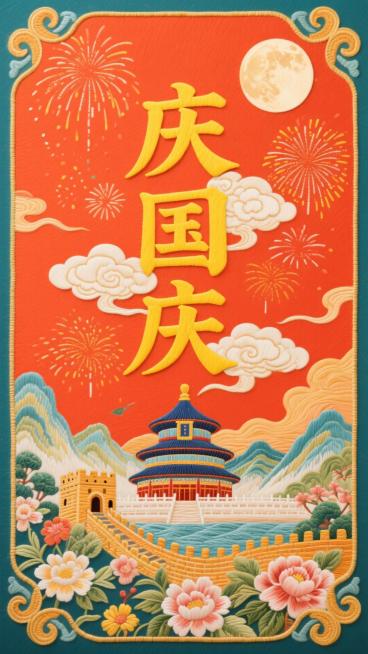 背景是红橙色，四周有祥云装饰，粗宋体黄色数字 “庆国庆“，字周围有云彩，背景是烟火、圆月。下方是天坛、山水、长城、花卉等元素预览效果