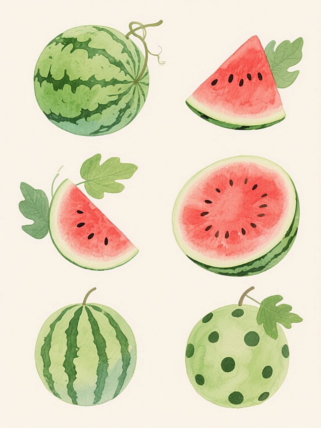 水彩风格插画，六个不同样式的西瓜以上下两行三列对齐排列，浅色背景。每个西瓜造型各异：完整带藤绿皮西瓜、切片露出红瓤黑籽西瓜、半圆剖面西瓜、带叶小西瓜、条纹图案西瓜、圆点装饰西瓜。西瓜色彩清新明快，绿色瓜皮带有自然纹理和水彩晕染效果，红色瓜瓤饱满多汁，点缀黑色西瓜籽。每个西瓜搭配几片绿色西瓜叶，叶片边缘有自然的水彩笔触和透明感。整体构图简洁平衡，符合水彩画的透明质感、柔和色彩过渡和细腻笔触特征，无文字和其他装饰元素。