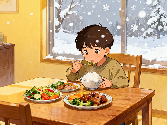 漫画风格，小男孩坐在桌子前吃饭，营养丰富，窗外在下雪