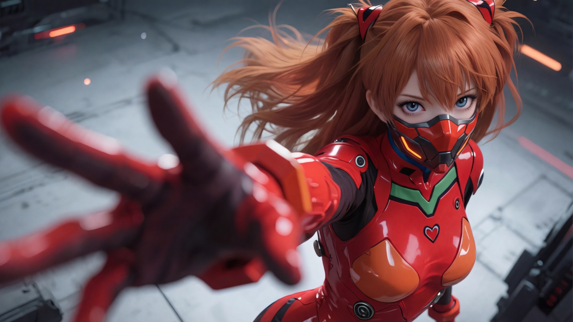 给人物脸部添加一个面罩，保持原图其他内容不变，包括红发双马尾、红色机甲战斗服、科技场景和伸手向前的姿势预览效果