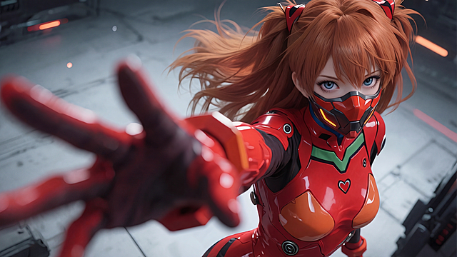 给人物脸部添加一个面罩，保持原图其他内容不变，包括红发双马尾、红色机甲战斗服、科技场景和伸手向前的姿势