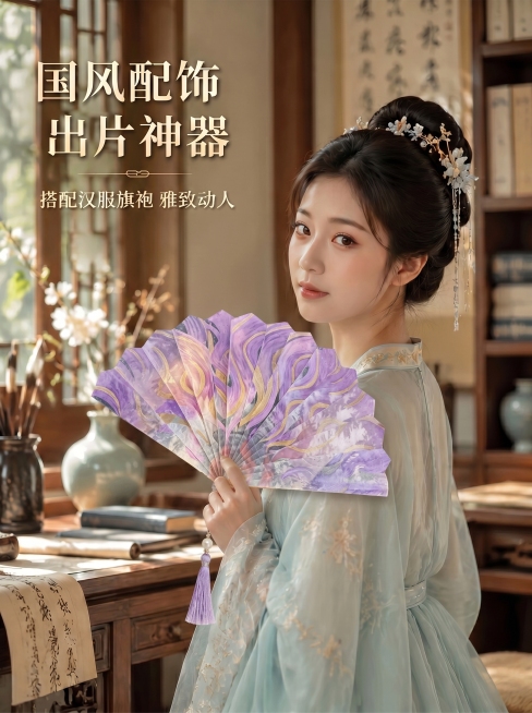 将图1人物手中的扇子替换成图2或图3中的扇子（用户未明确说明替换为哪一把，这里保留原图场景文字和人物不变，仅替换扇子图案和样式）预览效果