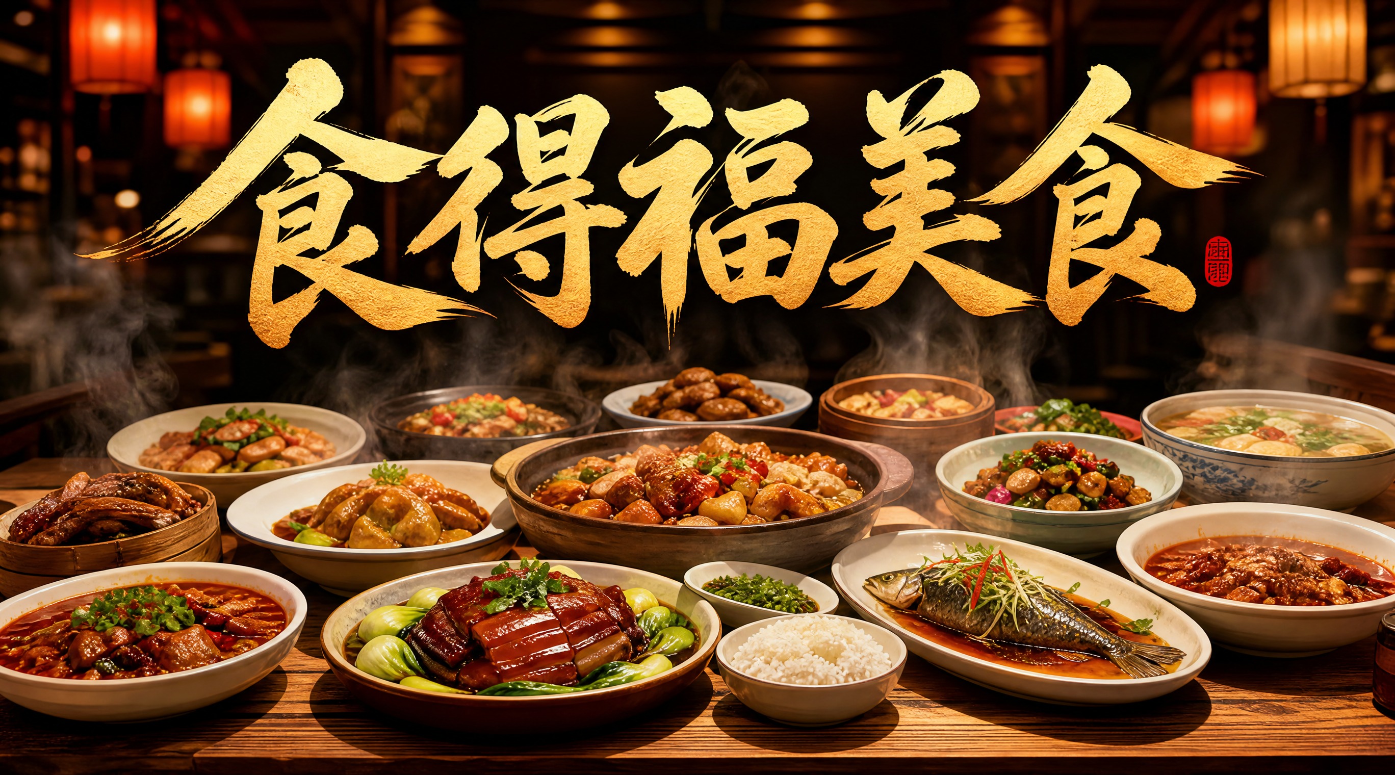 美食餐厅店招设计，店名"食得福美食"以大气醒目的书法字体位于画… - 图片创意预览