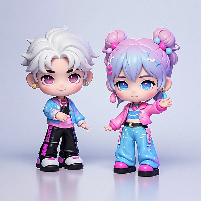 一对CP，嬉戏打闹，时尚衣着，白色背景