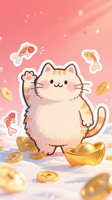 中国卡通风格，一只胖乎乎可爱的招财猫在招手，周围是闪亮的金元宝和金币，几条小锦鲤在欢快地跳跃。暖冬场景，带有阳光感。背景是柔和的红粉渐变。整体色调可爱、活泼、暖心。贴纸式设计，粗线条的扁平插画。无文字预览效果