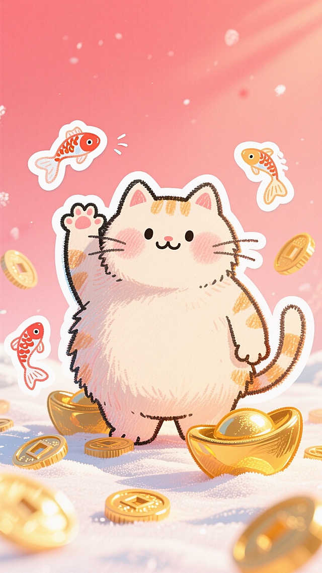 可爱卡通猫拟人化，毛发生长细腻，鎏金元宝与锦鲤环绕，插画风喜庆贺岁。
