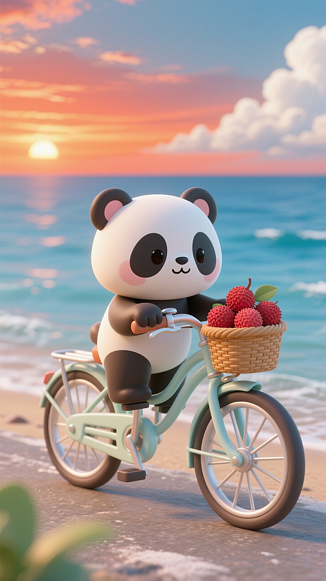 头身比1:1的小熊猫在海边，骑着自行车，车头的篮子里放满了荔枝，晚霞，海，蓝天白云