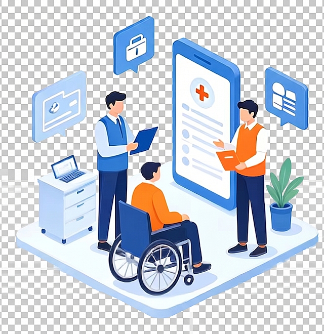 参照原图生成2.5D等距插画，内容为坐在轮椅上的用户和两名工作人员在大型手机界面旁办理社保相关业务，保留所有元素和风格，去除左下角的文字，设置图片背景底色为透明