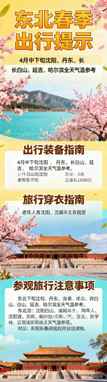 东南亚老年审美的东北春季出行提示长海报，色彩鲜明，结合长白山、丹东桃花、沈阳故宫等东北春季风光元素，内容分为四个板块：1.4月中下旬沈阳、丹东、长白山、延吉、哈尔滨全天气温参考；2.出行装备指南；3.预览效果