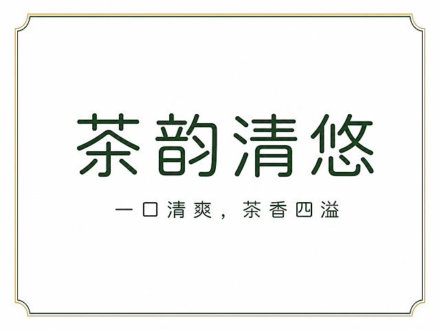 基于原图，将字体风格改为现代简约极简风，保留文字内容“茶韵清悠 一口清爽，茶香四溢”不变，背景改为纯白色，字体改为干净利落的圆角黑体，绿色描金细边框，整体简洁高级，保持文字完整不裁切，四周留安全边距