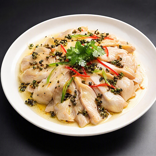 高清美食摄影图，藤椒鸡片，新鲜鸡肉片，薄切均匀，白嫩肉质，表面撒有新鲜青花椒和藤椒油，点缀少许青红椒丝和香菜，摆放在白色圆盘里，暖光打光，鲜嫩爽滑有光泽，火锅食材，真实感强，细节丰富，麻辣鲜香视觉感，纯色深灰背景，专业美食摄影