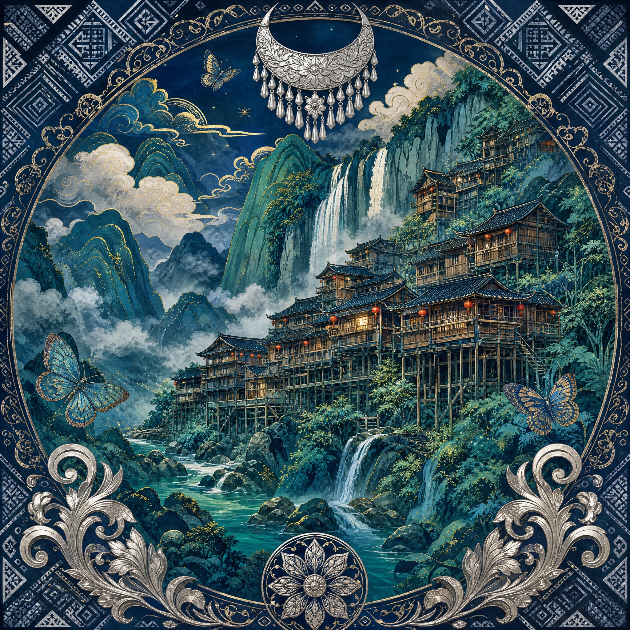 国潮风景插画，苗族主题，湘西吊脚楼群依山而建，层层叠叠的木质吊… - 图片创意预览