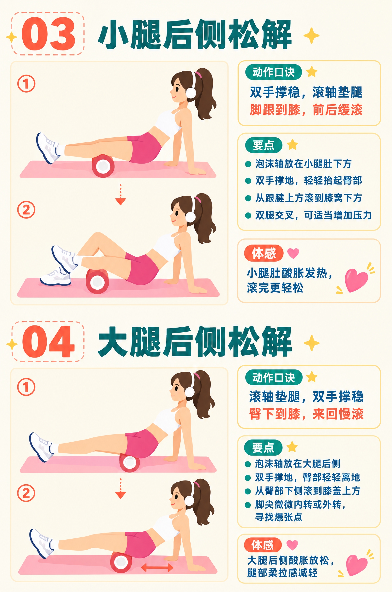 将这张泡沫轴松解教程图转换为扁平插画风格，画面中的所有文字内容… - 图片创意预览