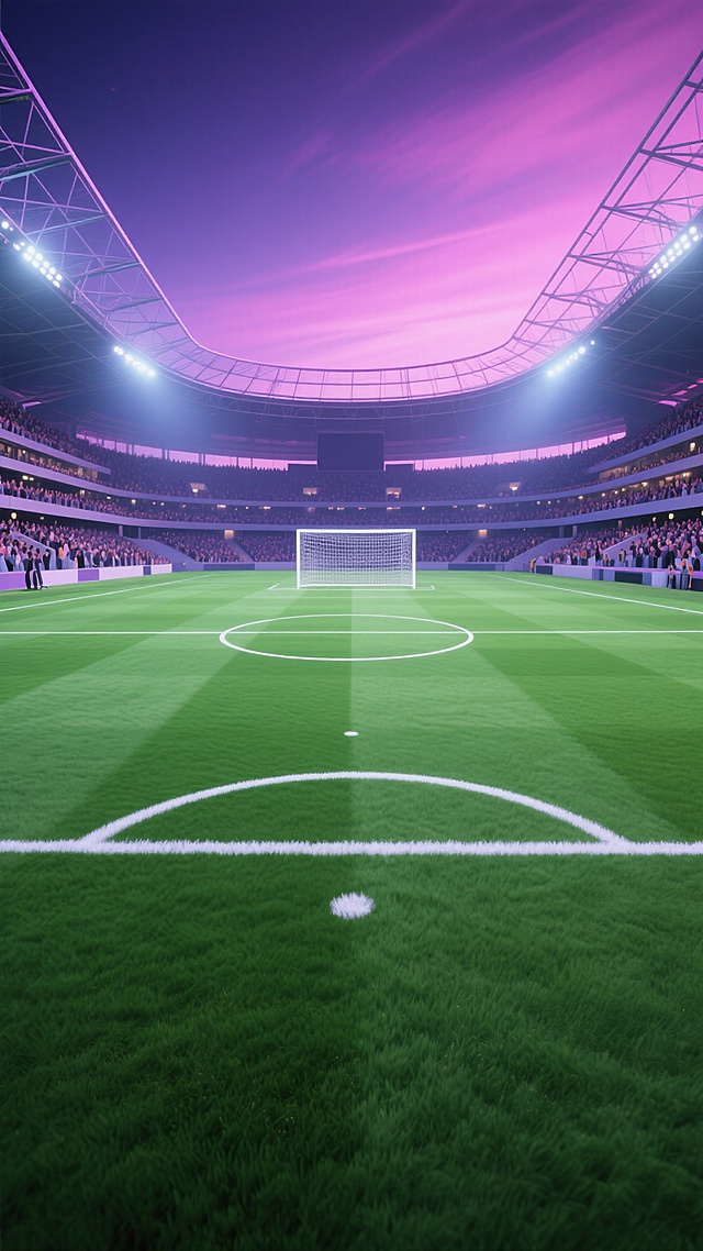 一个大型足球场的全景视图，绿草如茵的足球场上画有清晰的白色线条和中央圆圈，场地尽头设有白色的足球门，四周是坐满观众的多层看台，上方是带有透明顶棚的现代化钢结构体育场，整体呈现出超写实的3D渲染风格，光影效果强烈，采用紫色和粉色为主的渐变天空背景，搭配冷色调的体育场灯光，营造出梦幻而热烈的夜晚比赛氛围，画面构图采用对称美学，视觉焦点集中在足球场中央，整体设计具有强烈的视觉冲击力和空间纵深感。