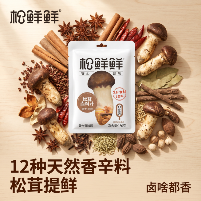 [主图-3] 松鲜鲜卤料汁原材料展示图，突出松茸提鲜卖点
[氛围风格] 自然原生态食材氛围，食欲感强；
[画质] 商业摄影质感，光线柔和通透，产品清晰真实，画面干净高级
[元素] 一袋松鲜鲜卤料汁放在预览效果