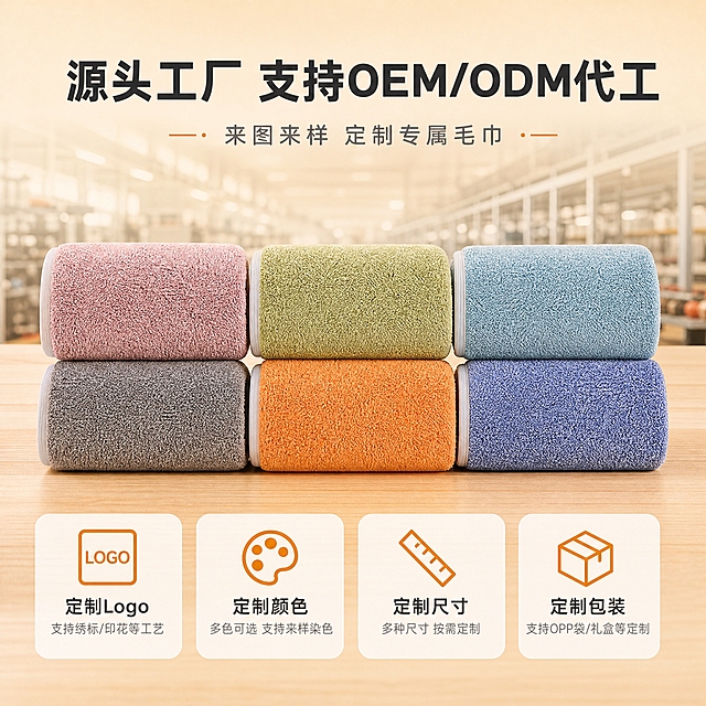 [主图-4] 满天星珊瑚绒毛巾OEM/ODM代工实力展示，突出源头工厂定制服务，1688 B端批发感。
[统一基调] 温馨居家暖调风格，背景为浅米色+原木质感，主光源左前侧45度暖白光，柔和阴影，字体为现代无衬线粗体，标题字深炭灰色，辅助字中灰色，强调色暖橙色用于标签和图标，组件为圆角浅底信息卡和细线引线。
[画面] 画面中央展示六条不同颜色的满天星珊瑚绒毛巾整齐排列成两排三列，每色一条，颜色分别为豆沙粉、抹茶绿、雾霾蓝、深灰、暖橙色、藏蓝色，呈现丰富的SKU选择。毛巾下方是浅原木色台面，背景是虚化的工厂车间或仓库货架的剪影，体现源头工厂实力。主体毛巾阵列占画面55%。画面下方有四个图标横向排列，分别代表：定制Logo、定制颜色、定制尺寸、定制包装。
[光影质感] 商业摄影质感，均匀柔和的暖光，毛巾绒面有细腻光泽，排列整齐有秩序感，底部有自然接触阴影，整体专业可信。
[配色] 主色浅米白+原木色，标题深炭灰，辅助文字中灰，强调色暖橙，六色毛巾丰富和谐。
[文字版式] 画面顶部居中主标题大字"源头工厂 支持OEM/ODM代工"，下方副标题"来图来样 定制专属毛巾"，底部四个图标加文字横向排列："定制Logo"、"定制颜色"、"定制尺寸"、"定制包装"。文字不遮挡毛巾主体。
[输出要求] 1:1正方形，2K分辨率，文字清晰可读，产品清晰锐利，毛巾颜色和材质与原图一致，禁止变形、错字、模糊、杂乱背景、水印、平台Logo。