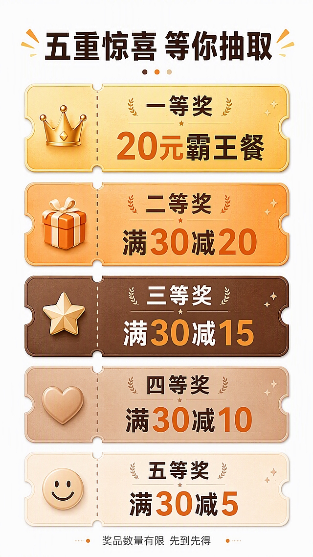 五档奖项详情模块，白色背景，灰咖色+橘色点缀，卡片式长图风格。顶部标题「五重惊喜 等你抽取」，深咖色粗体字。下方纵向排列五张优惠券卡片，每张都是圆角优惠券样式，左侧有撕线设计：一等奖金色卡片，皇冠图标，文字「一等奖 20元霸王餐」；二等奖橘色卡片，礼物图标，文字「二等奖 满30减20」；三等奖深咖色卡片，星星图标，文字「三等奖 满30减15」；四等奖浅咖色卡片，爱心图标，文字「四等奖 满30减10」；五等奖米色卡片，笑脸图标，文字「五等奖 满30减5」。五张卡片依次排列，视觉层次分明。底部小字「奖品数量有限 先到先得」。9:16竖版，4K高清，文字清晰。
