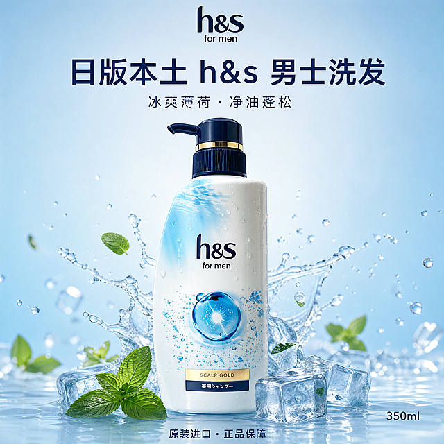 电商产品创意图，干净清爽的浅蓝色渐变背景，画面70%空间留给h&s for men男士洗发水瓶身，产品居中展示，瓶身细节清晰质感高级，有冰爽薄荷清凉水珠飞溅效果。顶部居中位置有"h&s for men"品牌logo。主标题文字"日版本土 h&s 男士洗发"位于产品上方居中，字体简洁大气。副标题小字"冰爽薄荷・净油蓬松"位于主标题下方。右下角标注小字规格"350ml"。画面最底部一行小字"原装进口・正品保障"。整体风格干净清爽、高端男士洗护风格，光线柔和均匀，产品立体感强，商业摄影质感。