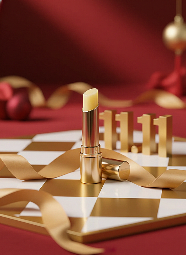 商品置于金色白色相间的格子上，背景装饰着金色丝带与“11.11”数字立牌，整体以红色、金为主色调，营造出精致且富有质感的电商促销氛围。