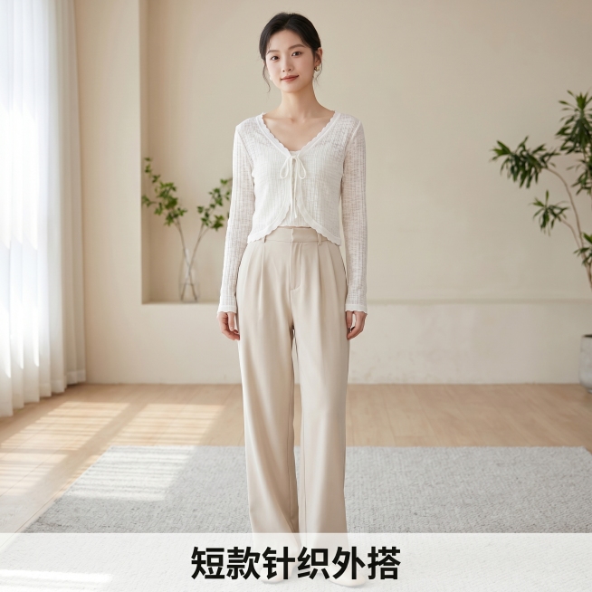 [主图-5] 温柔纯欲风短款针织开衫全身搭配展示图。[氛围风格] 温柔韩系氛围感，松弛生活化，和前四张主图风格统一；[画质] 商业摄影质感、光线柔和通透、产品清晰真实、画面干净高级。[元素] 和主图1预览效果