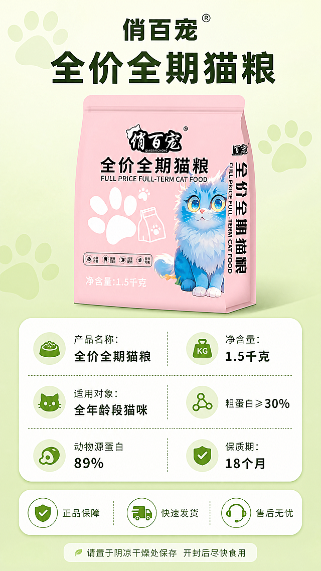 [第8张] 详情页规格信息-产品参数+服务承诺。本张使用【图1】作为产品标准照。
[氛围/风格] 清晰信息卡风格，圆角软排版，萌系可爱，信息一目了然。
[元素布局] 画面上方是俏百宠粉色猫粮袋正面标准照，占比约40%，居中展示；下方是圆角矩形参数信息卡，分栏列出产品信息；最底部是服务承诺图标区；背景是浅绿渐变，有猫爪印装饰元素。
[光影质感] 均匀柔光，产品正面清晰，参数卡干净整洁，整体清爽易读。
[配色色系] 全局底色浅绿渐变#F0F9E0到#DFF0C0；主色粉色包装#FFB6C1；辅助色白色信息卡、深绿文字。
[视角构图] 正面平视，上下结构，阅读动线顶部产品图 → 中部参数表 → 底部服务承诺。
[文字版式] 顶部产品名「俏百宠 全价全期猫粮」，深绿粗黑体；参数卡内信息：「产品名称：全价全期猫粮」「净含量：1.5千克」「适用对象：全年龄段猫咪」「粗蛋白≥30%」「动物源蛋白89%」「保质期：18个月」；底部三个服务承诺图标+文字：「正品保障」「快速发货」「售后无忧」；最底部一行小字「请置于阴凉干燥处保存 开封后尽快食用」；全部文字清晰可读，圆角软排版。
[比例分辨率] 9:16竖版比例，1080x1920，4K分辨率，文字清晰可辨，高清画质。
[负向提示词] 包装变形，参数错误，文字模糊，颜色偏差，水印，信息杂乱。
