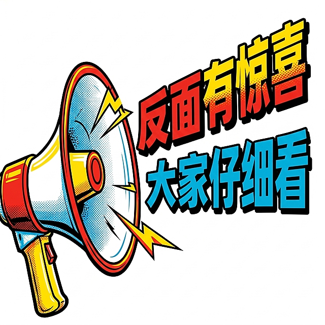只保留喇叭图形和文字"反面有惊喜"、"大家仔细看"，去掉原有彩色底纹和背景，背景改为纯白色，保留美式波普风格，元素清晰完整。