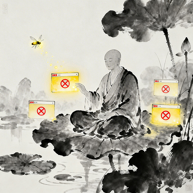 水墨风格现代插画，一位禅者安然静坐于荷叶上，身边漂浮着几个发光的错误弹窗，禅者神情平和，伸手轻触其中一个弹窗，被触碰的弹窗化作一只萤火虫飞散。整体色调融合水墨的黑白灰、弹窗的微红色与黄色、萤火虫的暖光，展现东方哲学与数字时代的对话氛围，体现接纳不完美的智慧主题，水墨质感细腻，氛围感十足。