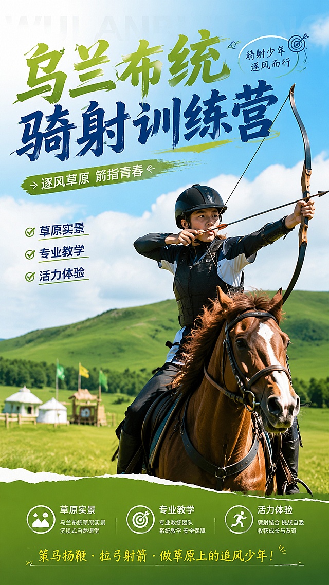 乌兰布统草原风景背景，制作骑射训练营招募海报，风格时尚、朝气蓬勃，写实商业摄影，画面包含清晰文字：主标题"乌兰布统骑射训练营"，副标题"逐风草原 箭指青春"，卖点标签"草原实景"、"专业教学"、"活力体验"，版式精美，排版分区明确，文字清晰可读，色彩清新自然，整体充满活力。