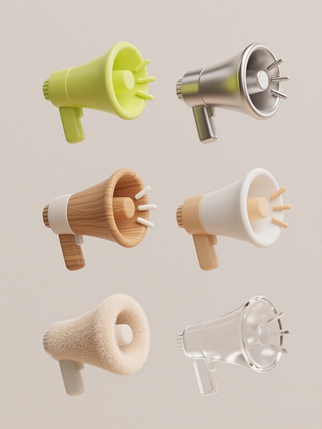 6个完全不同材质的同造型手持扩音器图标集合，统一采用纯色背景，规整网格排布。每个扩音器保持相同的圆润喇叭口、短粗手柄和侧边放射状声音符号造型，但分别呈现以下材质质感：1. 光滑塑料（亮面，轻微反光，单一鲜艳色彩）；2. 磨砂金属（哑光质感，金属色泽，细微颗粒感）；3. 木质（木纹肌理，温暖色调，自然质感）；4. 陶瓷（细腻釉面，温润光泽，纯色无杂质）；5. 毛绒（柔软绒毛质感，柔和色彩，轻微蓬松感）；6. 透明玻璃（通透质感，折射光影，清晰可见内部结构）。整体设计风格保持简约现代，色彩明快，每个图标独立在纯色背景上，整体布局整齐有序，形成系列感。