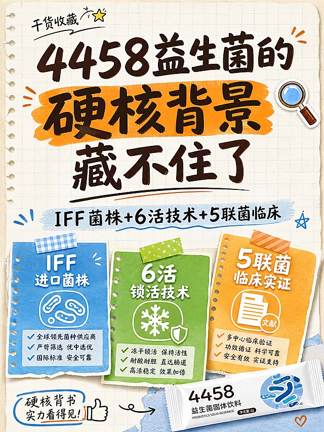 小红书笔记大字封面，配图大字，手账干货风，版式精美，小红书笔记封面质感，适合信息流点击。主标题必须完整呈现且为画面视觉中心，逐字锁定：「4458益生菌的硬核背景藏不住了」。主标题字号占画面约50%视觉权重，清晰可读，不得增删改字。副标题：「IFF菌株+6活技术+5联菌临床」。背景：浅米色笔记纸纹理，带浅蓝网格线，手账感。标题排版：马克笔手写感粗体字，深棕色主标题，「硬核背景」用橙色马克笔高亮底；采用配图大字I15手账拼贴策略。配图：画面下半部分用便签纸+胶带风格展示三大硬核背书：1. 「IFF进口菌株」便签（蓝底白字+菌株图标），2. 「6活锁活技术」便签（绿底白字+雪花图标），3. 「5联菌临床实证」便签（橙底白字+文献图标）；三张便签错落叠加，右下角露出4458产品小条包装。装饰：主标题右侧1个放大镜🔍emoji小贴纸；便签用彩色胶带装饰；加「干货收藏⭐」小手写体。整体氛围：干货满满、手账亲切、硬核种草。画质：高清细腻，信息层级清晰，主标题与背景强对比，文字完整处于安全区内不可裁切，四周留安全边距。画面比例3:4，4K。