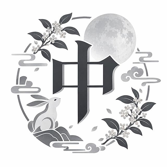 中秋节商城小图标，中心是一个大大的灰色'中'字，字体端庄大气有设计感，周围环绕着圆月、玉兔、桂花枝等中秋传统元素装饰，整体灰色高级风格，炭灰色为主色调，搭配银灰色和浅灰点缀，扁平化设计，简洁现代，适合电商商城使用，白色背景，图标清晰精致，矢量风格，传统雅致