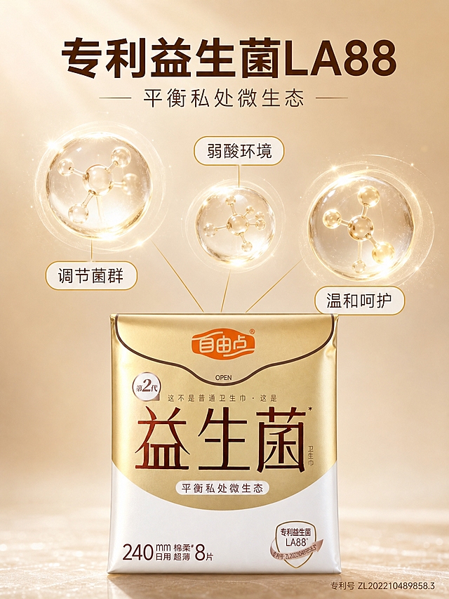 [主图-2] 核心成分与技术解析，展示专利益生菌LA88的科技感与平衡私处微生态的原理，强化专业背书。
[统一基调] 整体风格为精致个护静物摄影，背景主色为柔和香槟金渐变与奶白色过渡，标题字色为深棕金，辅助字色为暖灰，强调色为品牌橙金；字体为干净现代非衬线体，主标题粗体醒目，辅助文字纤细清晰；卡片与图标采用圆角细线金边样式，整体高级克制。
[画面] 产品包装位于画面下方居中，占比约40%，正面展示。画面中上部为核心成分展示区：悬浮着3组半透明3D益生菌分子结构球体，呈柔和的金白色发光质感，大小错落分布，用极细的金色引线从分子球指向产品包装，标注对应作用。分子球周围有极淡的光晕，营造科技微生态氛围。背景为奶白色向浅香槟金渐变，整体通透干净。
[光影质感] 超写实商业渲染质感，产品部分保持真实包装材质与光影，分子结构为柔和自发光体，光线均匀弥散，整体光影统一从左上而来，产品底部有自然投影。
[配色] 主色奶白、香槟金、深棕金；分子球为金白发光质感；点缀少量淡金色光效；不出现蓝绿粉等大面积语义色。
[文字版式] 画面上方主标题：「专利益生菌LA88」，粗体大字。主标题下方副标题：「平衡私处微生态」。3个分子球旁分别配短标签：「调节菌群」「弱酸环境」「温和呵护」，标签为圆角白底金边样式。右下角小字标注专利号：「专利号 ZL202210489858.3」。所有文字横排，不遮挡产品主体。
[输出要求] 比例3:4，2k高清，产品包装外观与输入图完全一致，分子结构精致清晰，文字清晰无错字，无杂乱元素，无水印，无平台Logo。