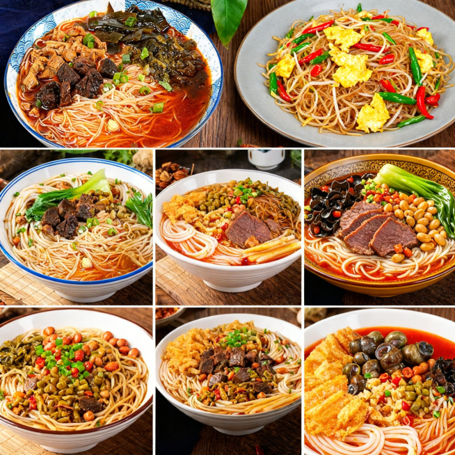 将提供的6张美食图片合在一张800*800尺寸的图片中，整齐排列为三排，每排两个图片，排列整齐，边缘过渡自然清晰预览效果