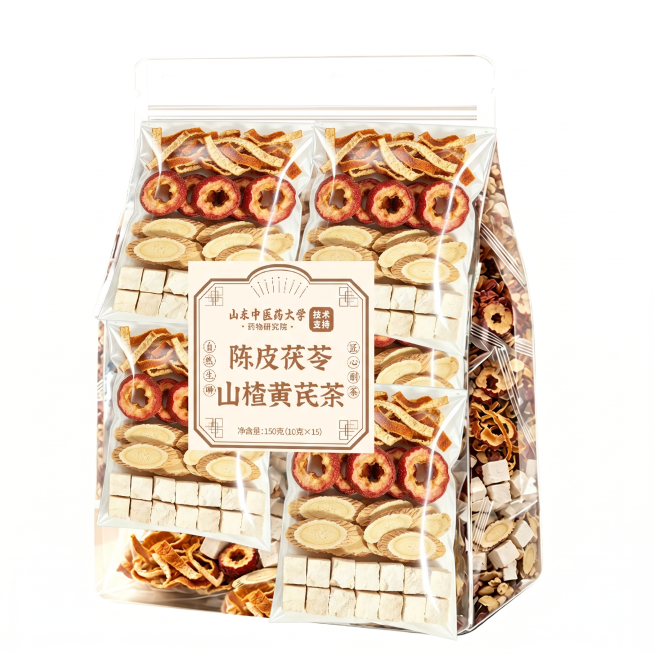 大包装袋里的每个独立小包装都替换成图二展示的茶包，每个小茶包里面的物料都按照图二的排列顺序摆放，保留外包装和标签不变预览效果