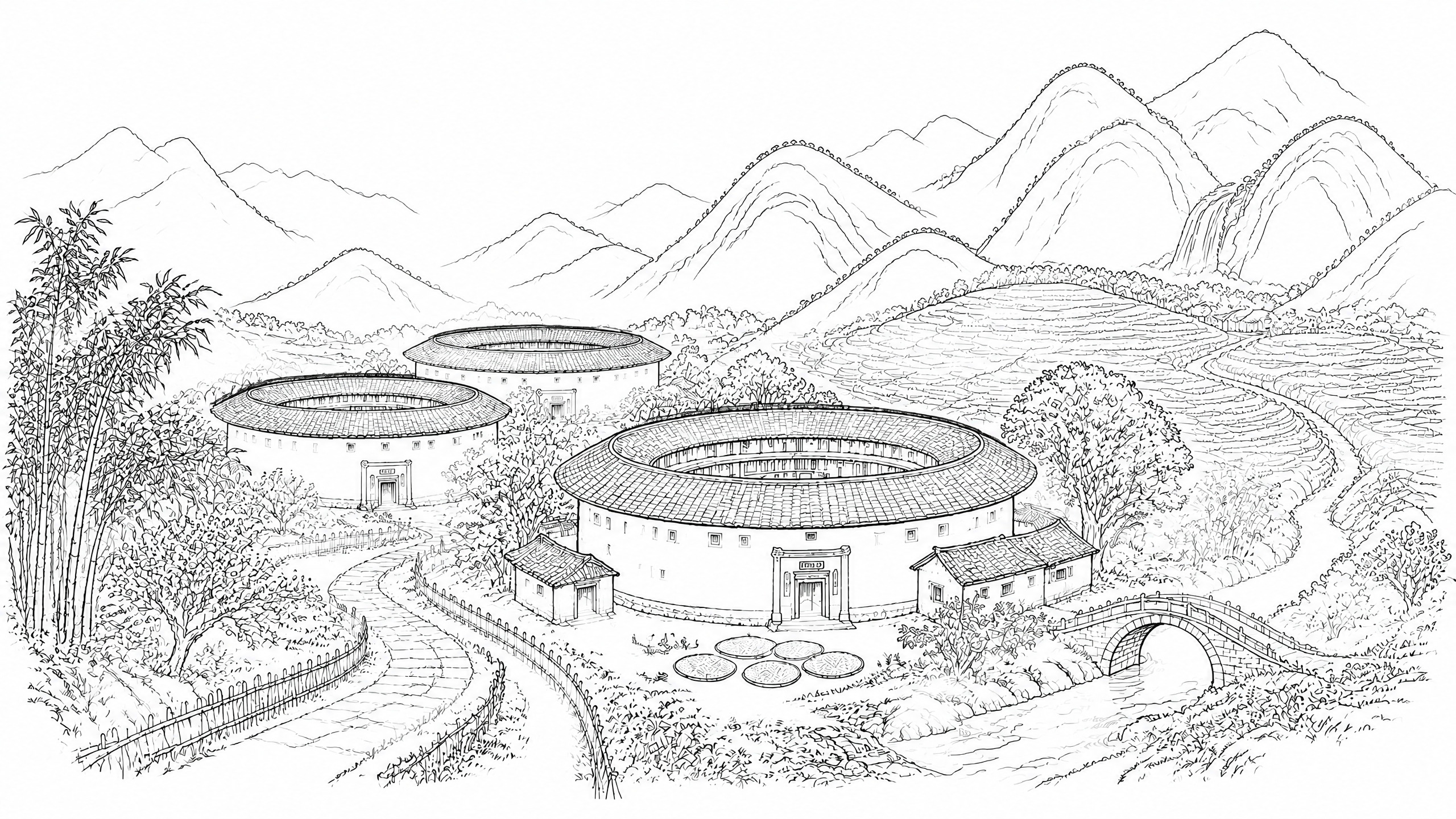 将这幅黑白水墨风格的土楼插画，转换为参考图那种纯线条勾勒的白描… - 图片创意预览