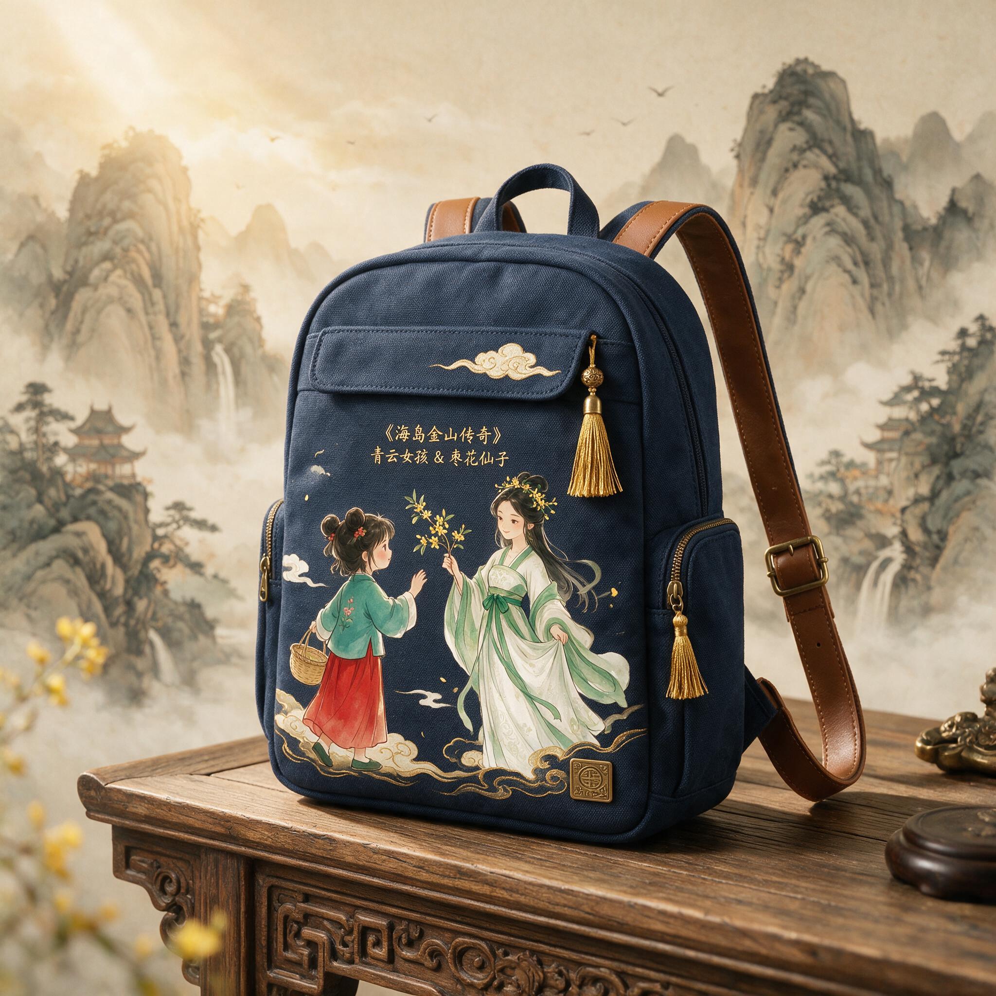 一款国风双肩书包产品展示图，深蓝色帆布材质，正面印有《海岛金山… - 图片创意预览