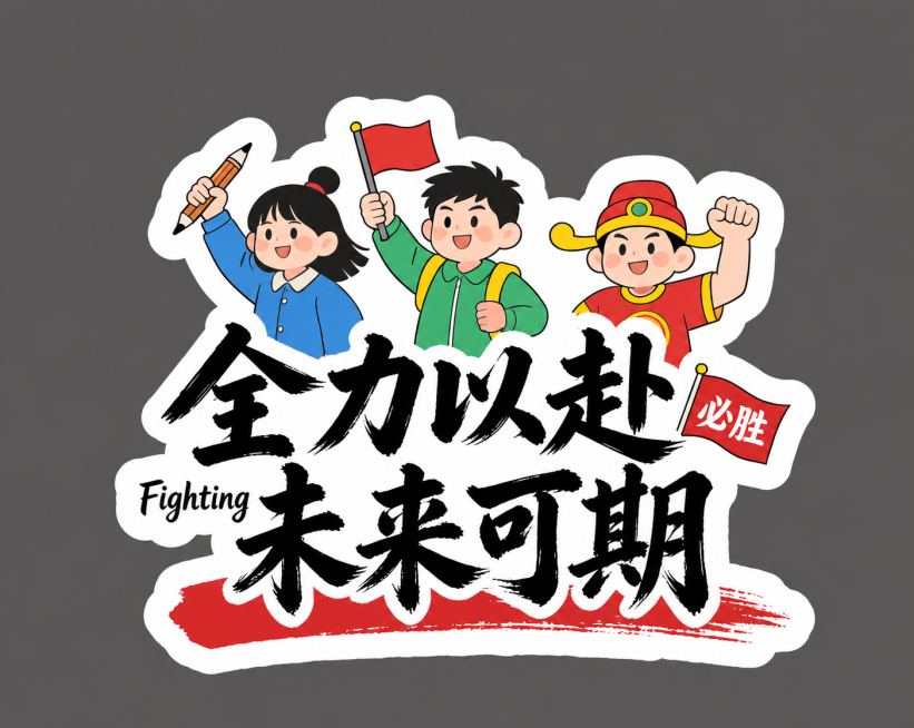 参照原图风格，将上方的'不负韶华'替换为'全力以赴'，保留'未来可期'文字，保持原有的卡通人物、毛笔字体风格、旗帜和红底装饰元素不变，生成新的图片预览效果