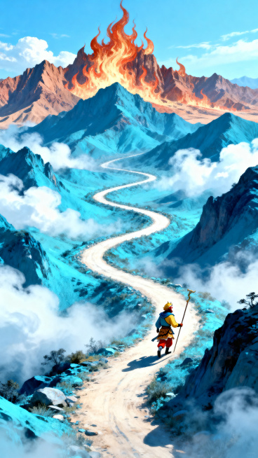 西游记国风，火焰山背景，蜿蜒的取经道路，清爽风格，蓝青冷色调，云雾缭绕，空气通透，清凉舒爽的意境，保留火焰山脉轮廓，竖版构图预览效果