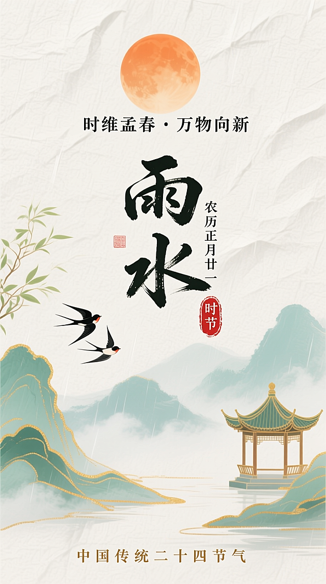 水墨风与工笔风融合，清新朦胧中透出古典雅韵，大字书法点睛“雨水”节气，燕飞山亭，尽显中式诗意之美。