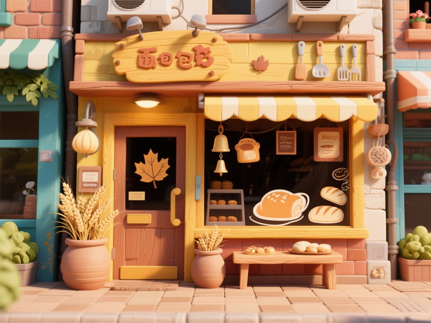 帮我生成一张3d动画类面包店门面changjing预览效果