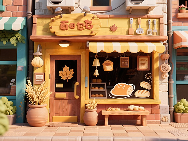帮我生成一张3d动画类面包店门面changjing